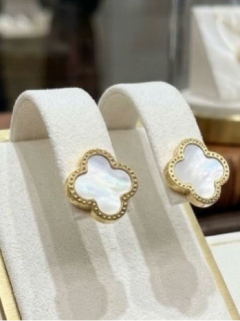 NIB White Mother of Pearl & 14k Gold Plated Over Brass 8mm Clover Stud Earrings